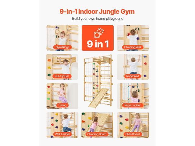 Swedish Ladder Wall Gym, 9-in-1 12-Level Solid Wood Gymnastic Stall Bars for Kids Adults, 220LBS Indoor Jungle Gym with Rock Climbing Wall, Gym...