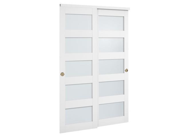Sliding Closet Door, 48' (Double 25') x 80', 5-Lite Frosted Glass Bypass Sliding Doors with Hardware Kit & Floor Guide, Solid Wood & MDF Slab with...