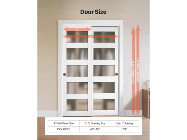Sliding Closet Door, 48' (Double 25') x 80', 5-Lite Frosted Glass Bypass Sliding Doors with Hardware Kit & Floor Guide, Solid Wood & MDF Slab with...
