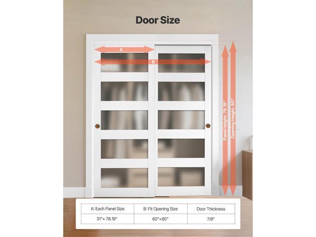 Sliding Closet Door, 60' (Double 31') x 80', 5-Lite Frosted Glass Bypass Sliding Doors with Hardware Kit & Floor Guide, Solid Wood & MDF Slab with...