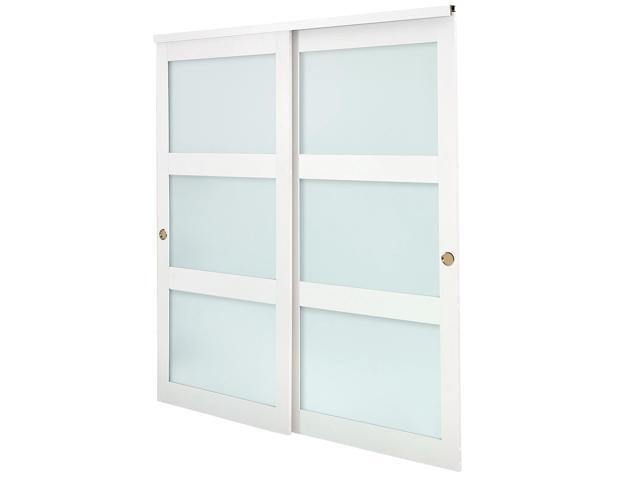 Sliding Closet Door, 72' (Double 37') x 80', 3-Lite Frosted Glass Bypass Sliding Doors with Hardware Kit & Floor Guide, Solid Wood & MDF Slab with...
