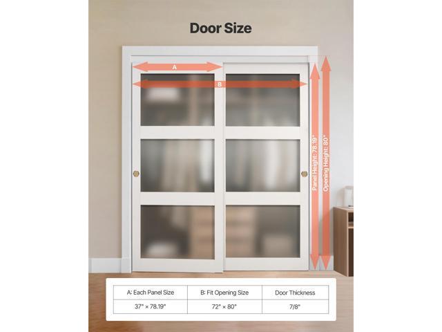 Sliding Closet Door, 72' (Double 37') x 80', 3-Lite Frosted Glass Bypass Sliding Doors with Hardware Kit & Floor Guide, Solid Wood & MDF Slab with...