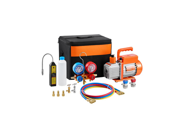4.5 CFM AC Vacuum Pump and Gauge Set, Single Stage Rotary Vane HVAC Air Vacuum Pump, A/C Refrigerant Manifold Gauge Kit, with Leak Detector Hoses,...