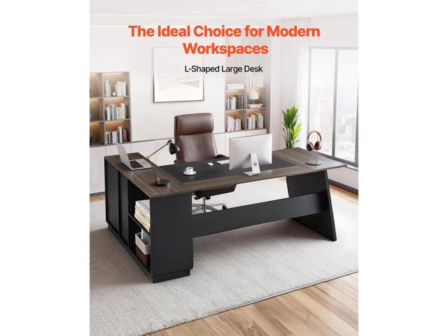 L-Shaped Executive Desk, Large Modern Office Table with Drawers and Storage Cabinet, Heavy Duty Wooden Executive Table, 350 LBS Load Capacity, Easy...