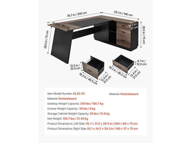 L-Shaped Executive Desk, Large Modern Office Table with Drawers and Storage Cabinet, Heavy Duty Wooden Executive Table, 350 LBS Load Capacity, Easy...