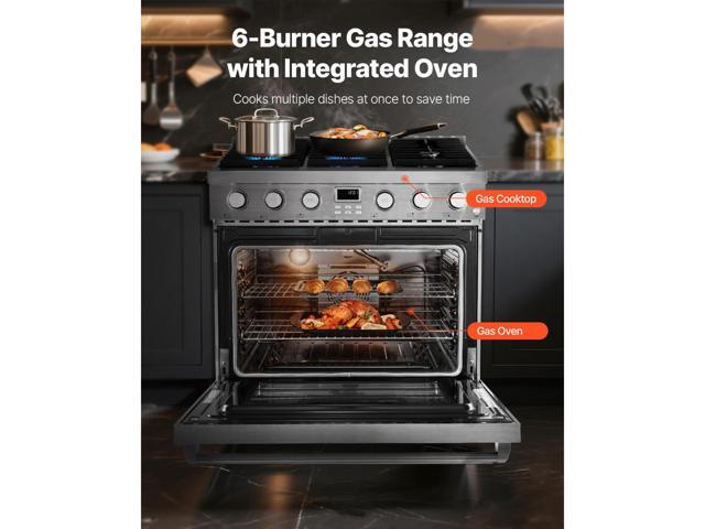 Gas Range Oven, 35.9 Inches Width, Freestanding Stainless Steel Stove and Oven with 6 Sealed Cooktop Burners, Easy Reach Racks, Halogen Light, 6.0...