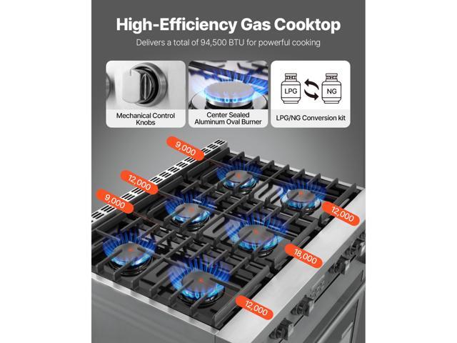 Gas Range Oven, 35.9 Inches Width, Freestanding Stainless Steel Stove and Oven with 6 Sealed Cooktop Burners, Easy Reach Racks, Halogen Light, 6.0...