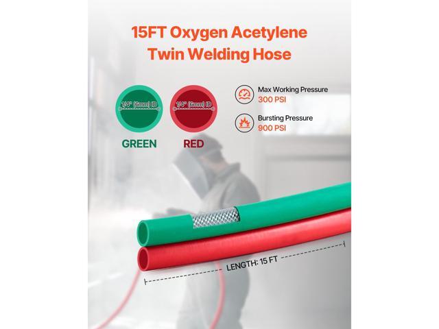 Oxygen Acetylene Hose, 1/4-Inch x 15FT Oxy Acetylene Hose with 9/16'-18 B Fitting, 300PSI T Grade Welding Cutting Torch Twin Hose, Compatible with...