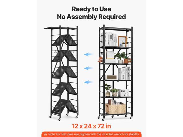 6-Tier Foldable Storage Shelf, 24W x 12D x 72H Inch Folding Metal Rack Shelving Unit, No Assembly Organizer Shelf with 5 Wheels & 4 Hooks for...