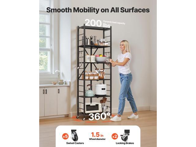 6-Tier Foldable Storage Shelf, 24W x 12D x 72H Inch Folding Metal Rack Shelving Unit, No Assembly Organizer Shelf with 5 Wheels & 4 Hooks for...