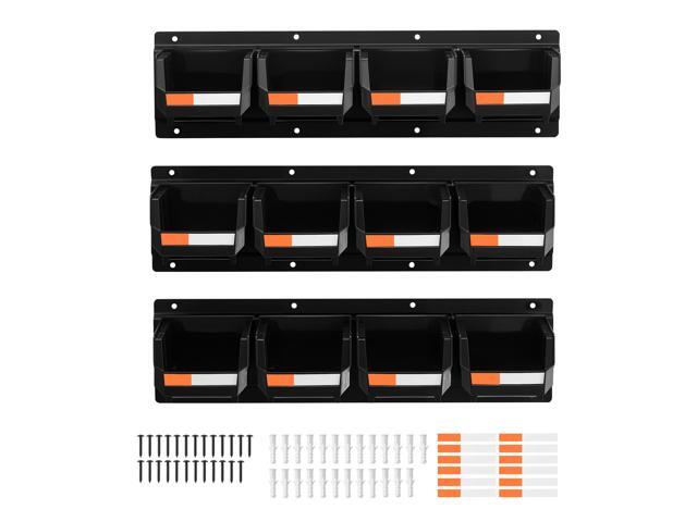 Wall Mounted Storage Bins, 12 Plastic Bins & 3 Metal Rails, Plastic Hanging Stackable Storage Bin for Screws, Nuts, Bolts, Nails, Hardware Tool...