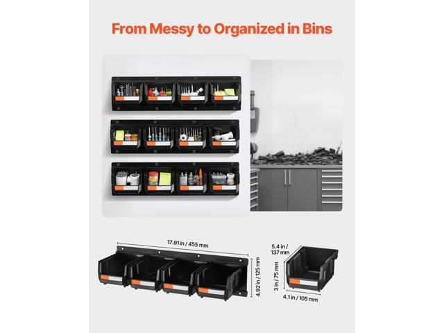 Wall Mounted Storage Bins, 12 Plastic Bins & 3 Metal Rails, Plastic Hanging Stackable Storage Bin for Screws, Nuts, Bolts, Nails, Hardware Tool...