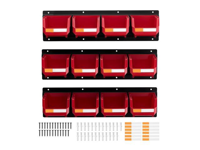Wall Mounted Storage Bins, 12 Plastic Bins & 3 Metal Rails, Plastic Hanging Stackable Storage Bin for Screws, Nuts, Bolts, Nails, Hardware Tool...