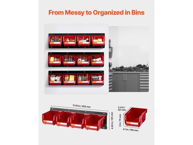 Wall Mounted Storage Bins, 12 Plastic Bins & 3 Metal Rails, Plastic Hanging Stackable Storage Bin for Screws, Nuts, Bolts, Nails, Hardware Tool...