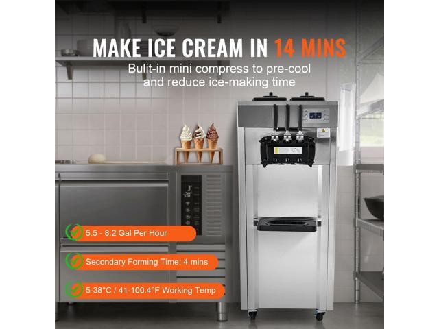 2200W Commercial Soft Ice Cream Machine 3 Flavors 5.3 to 7.4Gallon per Hour PreCooling at Night Auto Clean LCDPanel for Restaurants Snack Bar, Sliver