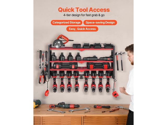 Power Tool Organizer Wall Mount, 4-Layer Storage Rack with 8 Drill Holders, Tools Holder and Storage Rack with Side Pegboards, Garage Tool...
