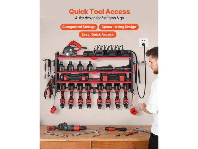 Power Tool Organizer with Charging Station, 4-Layer Drill Storage Rack with 8 Drill Holders & Side Pegboard, Garage Tool Organizer Built in 8...