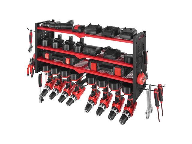 Power Tool Organizer Wall Mount, 4-Layer Storage Rack with 8 Drill Holders, Tools Holder and Storage Rack with Side Pegboards, Garage Tool...