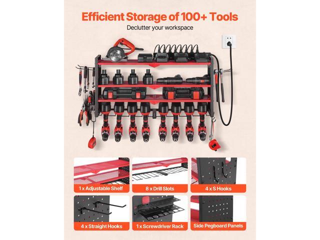 Power Tool Organizer with Charging Station, 4-Layer Drill Storage Rack with 8 Drill Holders & Side Pegboard, Garage Tool Organizer Built in 8...
