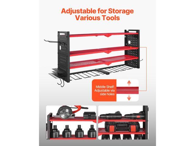 Power Tool Organizer Wall Mount, 4-Layer Storage Rack with 8 Drill Holders, Tools Holder and Storage Rack with Side Pegboards, Garage Tool...