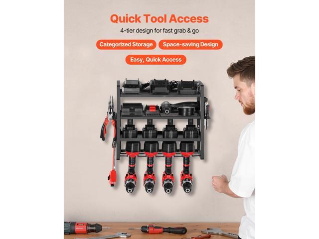 Power Tool Organizer Wall Mount, 4-Layer Storage Rack with 4 Drill Holders, Tools Holder and Storage Rack with Screwdriver Holder, Garage Tool...