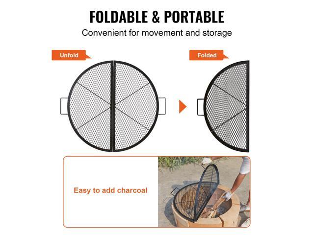X-Marks Fire Pit Grill Grate, Foldable Round Cooking Grate, Heavy Duty Steel Campfire BBQ Grill Grid with Handle and Support X Wire, Portable...