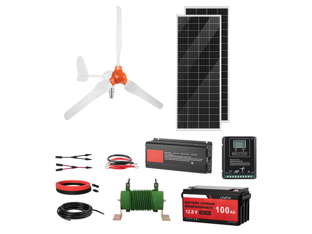 VEVOR 12V 600W Solar Wind Power Kit, 2PCS 100W Solar Panel + 400W Wind Turbine + 12.8V 100Ah LiFePO4 Battery + 1000W Power Inverter + MPPT...