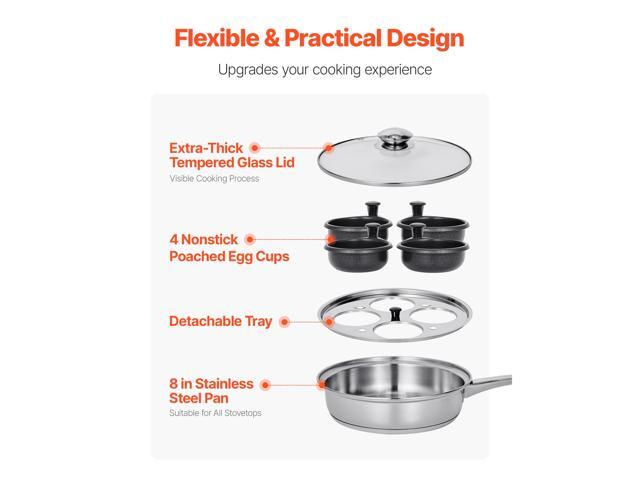 VEVOR 4-Cup Egg Poacher Pan Nonstick Poaching Skillet Stainless Steel with Lid