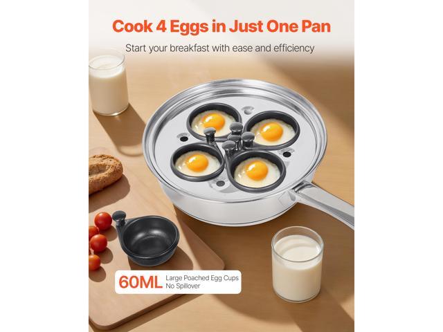VEVOR 4-Cup Egg Poacher Pan Nonstick Poaching Skillet Stainless Steel with Lid