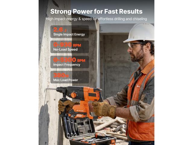 VEVOR Rotary Hammer Drill, 7/8 in SDS-Plus Cordless, 20V Battery Powered Rotary Hammer, Brushless, Including Battery, Charger, 3 Drill Bits, Flat...