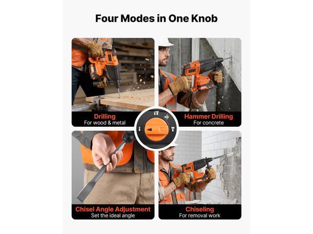 VEVOR Rotary Hammer Drill, 7/8 in SDS-Plus Cordless, 20V Battery Powered Rotary Hammer, Brushless, Including Battery, Charger, 3 Drill Bits, Flat...