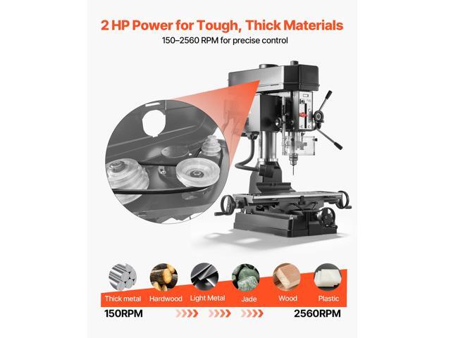 VEVOR 15.875-Inch Mill Drill Machine, 2 HP, Benchtop Milling Drill Press, 150-2560 RPM Adjustable Speed, with Rotating Vise, Laser and Work Light,...