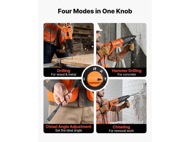 VEVOR Rotary Hammer Drill, 1-1/8 in SDS-Plus Electric Corded Heavy Duty Rotary Hammer, 4 Functions, Including 3 Drill Bits, Flat Chisel, Pointed...