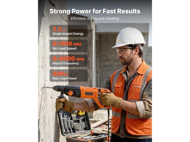 VEVOR Rotary Hammer Drill, 1-1/8 in SDS-Plus Electric Corded Heavy Duty Rotary Hammer, 4 Functions, Including 3 Drill Bits, Flat Chisel, Pointed...