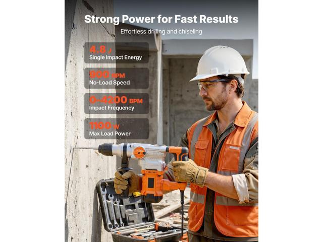 VEVOR Rotary Hammer Drill, 1-1/8 in SDS-Plus Electric Corded Heavy Duty Rotary Hammer, Including 3 Drill Bits, Flat Chisel, Pointed Chisel, Grease,...