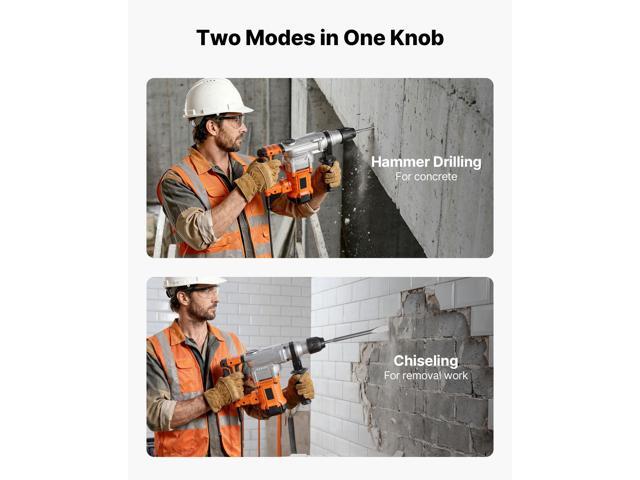 VEVOR Rotary Hammer Drill, 1-1/8 in SDS-Plus Electric Corded Heavy Duty Rotary Hammer, Including 3 Drill Bits, Flat Chisel, Pointed Chisel, Grease,...