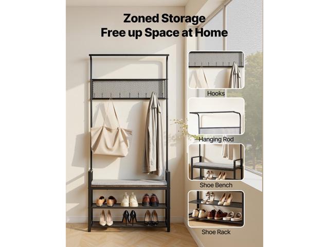 VEVOR Hall Tree, 72 in Coat Rack with Shoe Bench, Freestanding 2-Tier Shoe Rack Storage Organizer with Hooks, Hanging Rod and Wire Shelf, Steel...