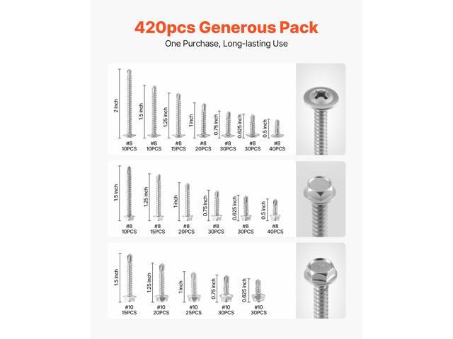VEVOR 420 Pc Self Drilling Screw Assortment Set #8 #10 Hex/Phillips Head 1/2 to 2 Inch