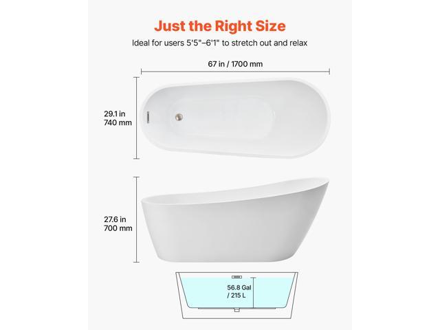 VEVOR Acrylic Freestanding Bathtub, 67 Inch Contemporary Soaking White Tub with Brushed Nickel Overflow and Drain, Elegant Oval Shape Stand Alone...