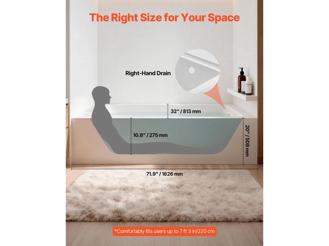 VEVOR Alcove Bathtub, 71.9' x 32' Contemporary Alcove Acrylic Bathtub, Soaking Bath Tub with Right Hand Drain & Overflow Hole, Large Rectangular...