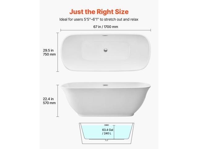 VEVOR Acrylic Freestanding Bathtub, 67 Inch Contemporary Soaking White Tub with Polished Chrome Overflow and Drain, Elegant Oval Shape Stand Alone...