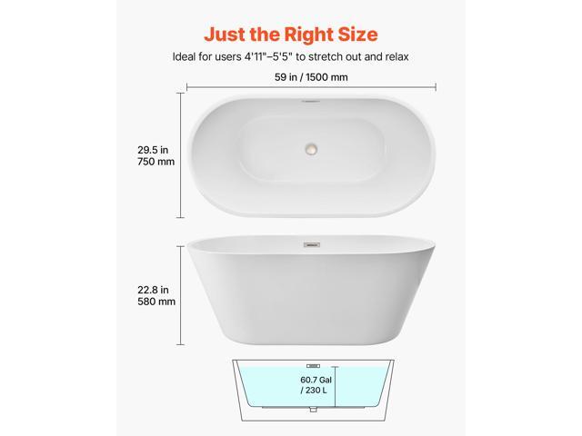 VEVOR Acrylic Freestanding Bathtub, 59 Inch Contemporary Soaking White Tub with Brushed Nickel Overflow and Drain, Elegant Oval Shape Stand Alone...