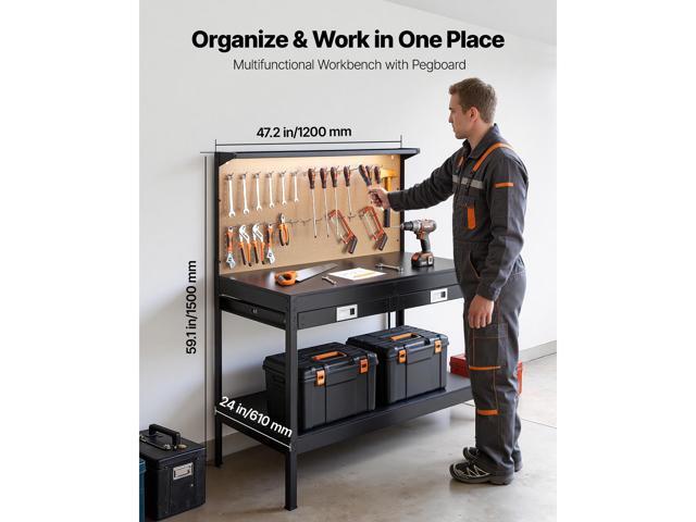 VEVOR Hardwood Workbench, 242.5 lbs Weight Capacity, 47.2-inch Heavy Duty Workbench with Pegboard, 4 AC Outlets & 2 USB Ports, 4.9 ft Cable & 30...