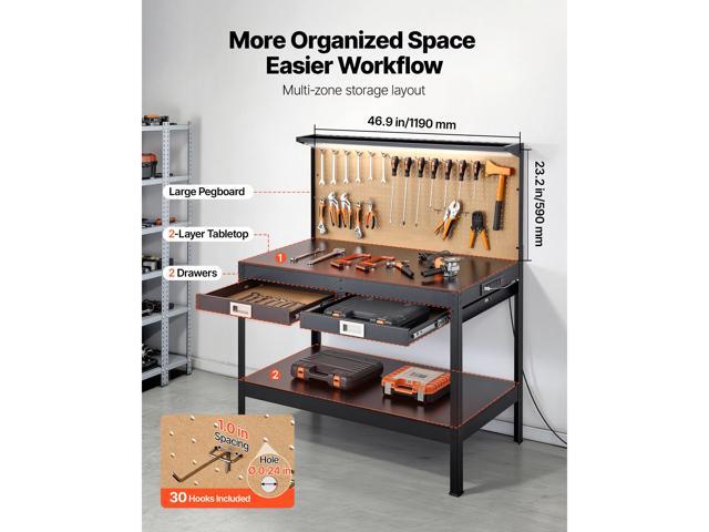 VEVOR Hardwood Workbench, 242.5 lbs Weight Capacity, 47.2-inch Heavy Duty Workbench with Pegboard, 4 AC Outlets & 2 USB Ports, 4.9 ft Cable & 30...