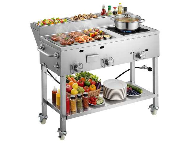 VEVOR Outdoor Propane Griddle, 3 Burners (11,600 BTU Each), Commercial Stainless Steel Griddle with Three 1/3 Size Food Pans, Portable Cart with...