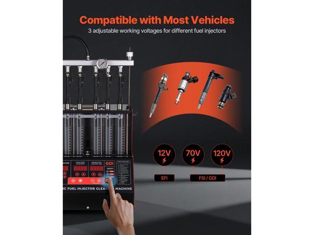 VEVOR Fuel Injector Cleaner Tester, 9 Test Modes, 6-Cylinder 28kHz Ultrasonic Cleaning Machine Adjustable 12V/70V/120V for EFI/FSI/GDI, Injector...