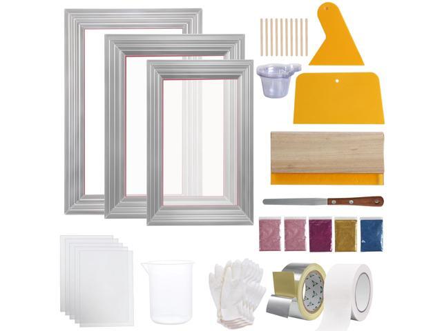 Screen Printing Kit, 3 PCS Aluminum Silk Screen Printing Frames, 5 Glitters and Screen Printing Squeegees and Transparency Films,...