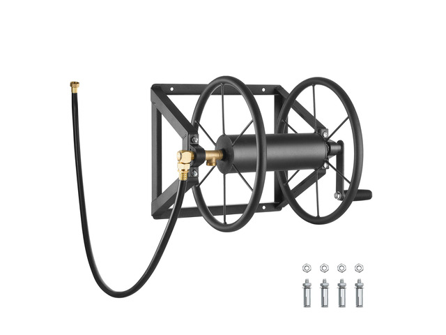 Wall Mounted Garden Hose Reel, Holds 200 ft 5/8-inch Manual Water Hose Winder, Heavy-Duty Steel, Outdoor Reel with Brass Fitting & 5ft Leader Hose,...