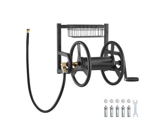 Wall Mounted Garden Hose Reel, Holds 125 ft 5/8-inch Hose, Heavy-Duty Water Hose Winder, Space-Saving Design, Outdoor Manual Reel with Brass...