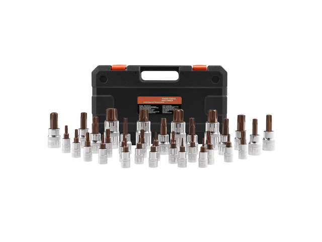 Torx Bit Socket Set, 34-Piece Solid Star and Tamper Proof T6-T70, S2 Alloy Steel and Cr-V Steel, 1/4 in, 3/8 in, and 1/2 in Drives, with Enhanced...